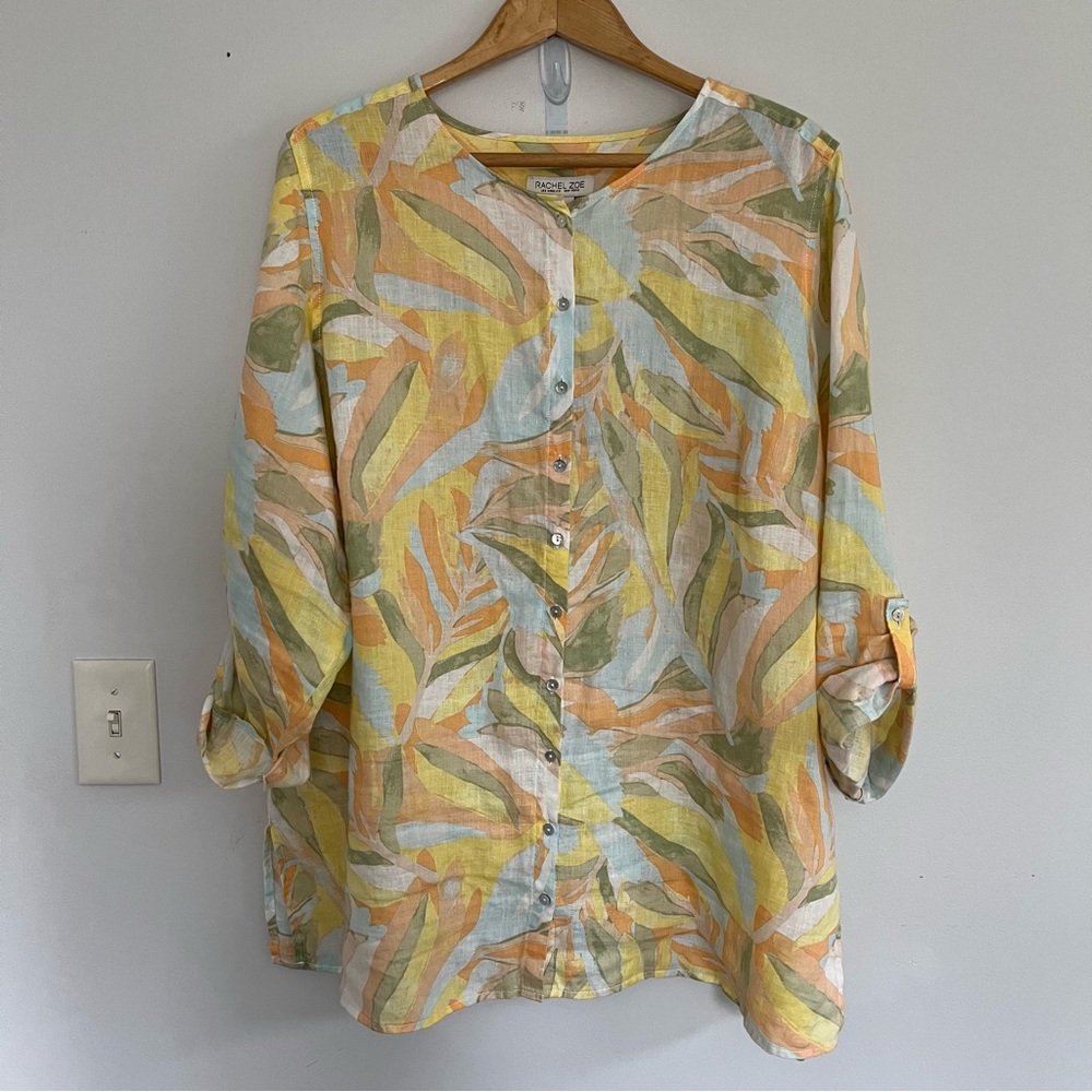 Rachel Zoe Womens 100% Linen Tropical Top Size XXL Button Down Roll Tab Sleeves